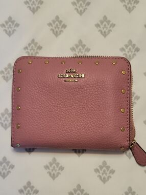 Coach Pink Pebble Leather Zip Wallet with Gold Studs